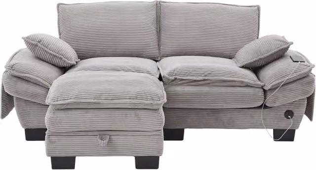 Sofa modulare a 2 posti in tessuto vellutato grigio chiaro con pouf, imbottitura in schiuma ad alta densità, USB-C e tasche laterali