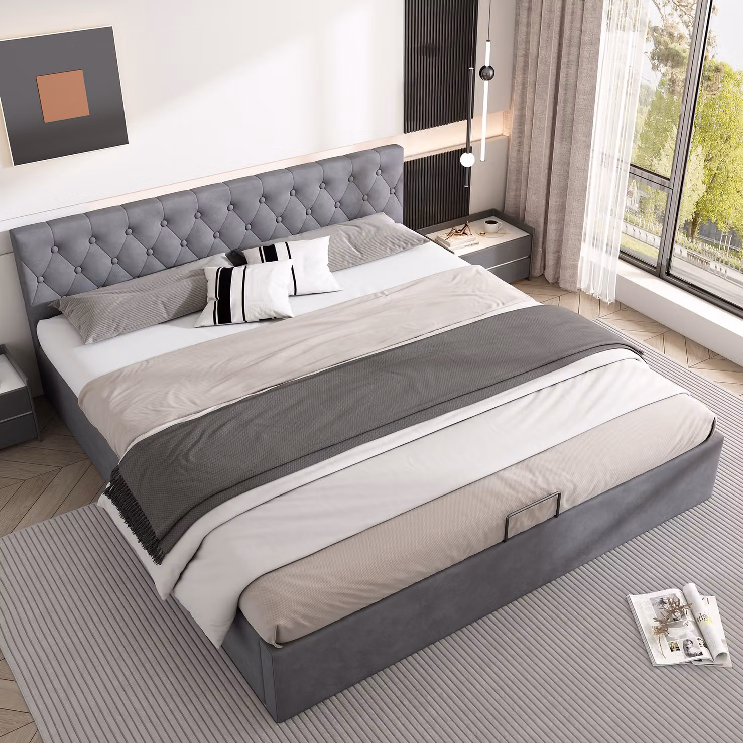 Letto matrimoniale imbottito STILVORA, 180x200 cm, con contenitore e rete a doghe, letto a due piazze con spazio contenitivo, in velluto, colore grigio (senza materasso)