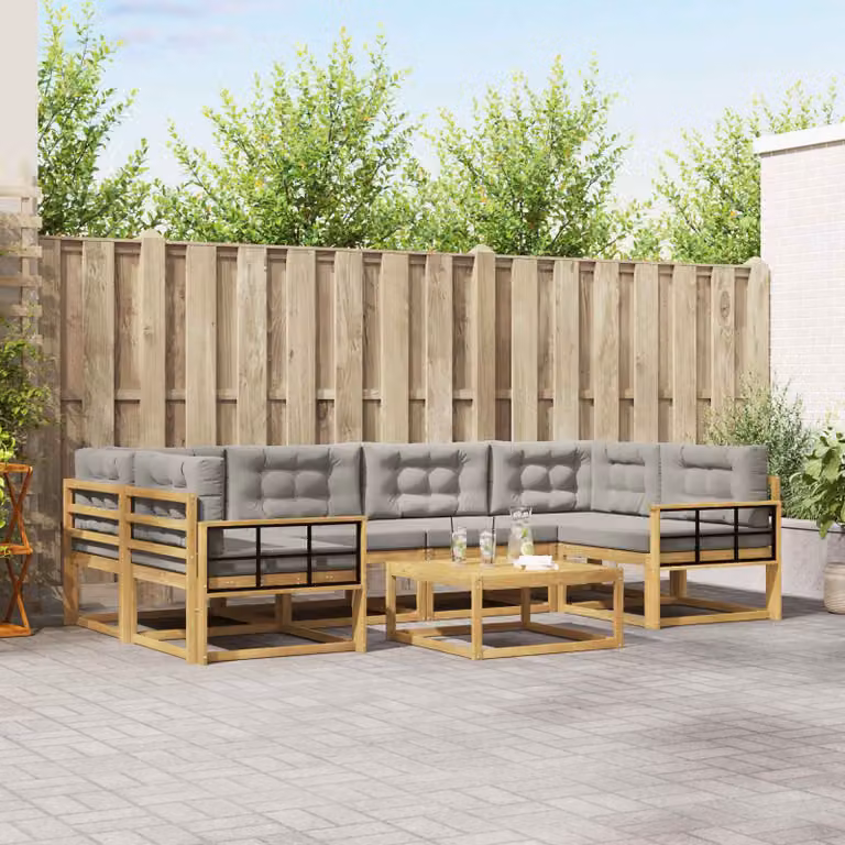 Set di divani da esterno vidaXL a forma di L con tavolo da caffè, in legno di acacia trattato, colore bianco e grigio con cuscini inclusi