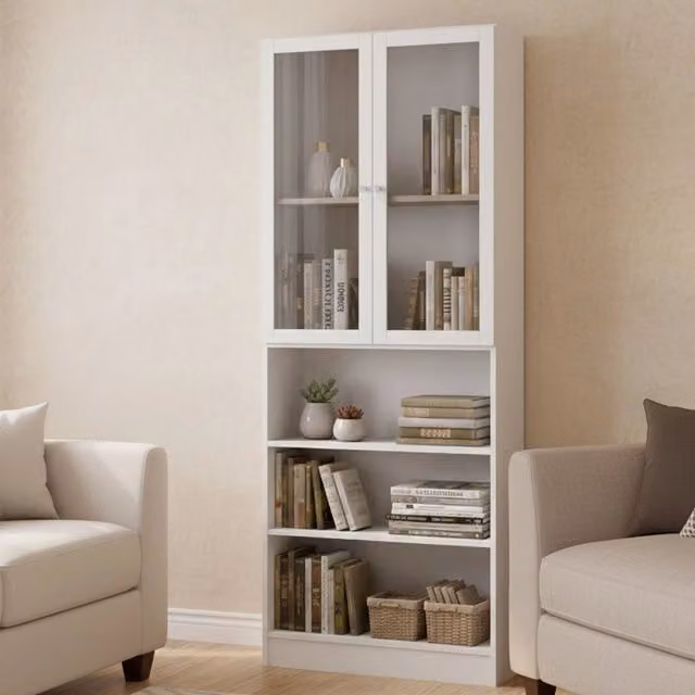 Libreria DMORA con ante in vetro e ripiani regolabili, Mobile porta libri moderno Bianco, L: 79 cm, P: 28,3 cm, H: 203,2 cm