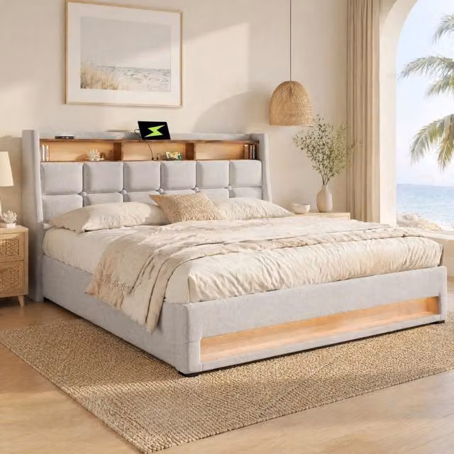 Letto matrimoniale imbottito 160x200 cm con contenitore; LED e USB; beige chiaro