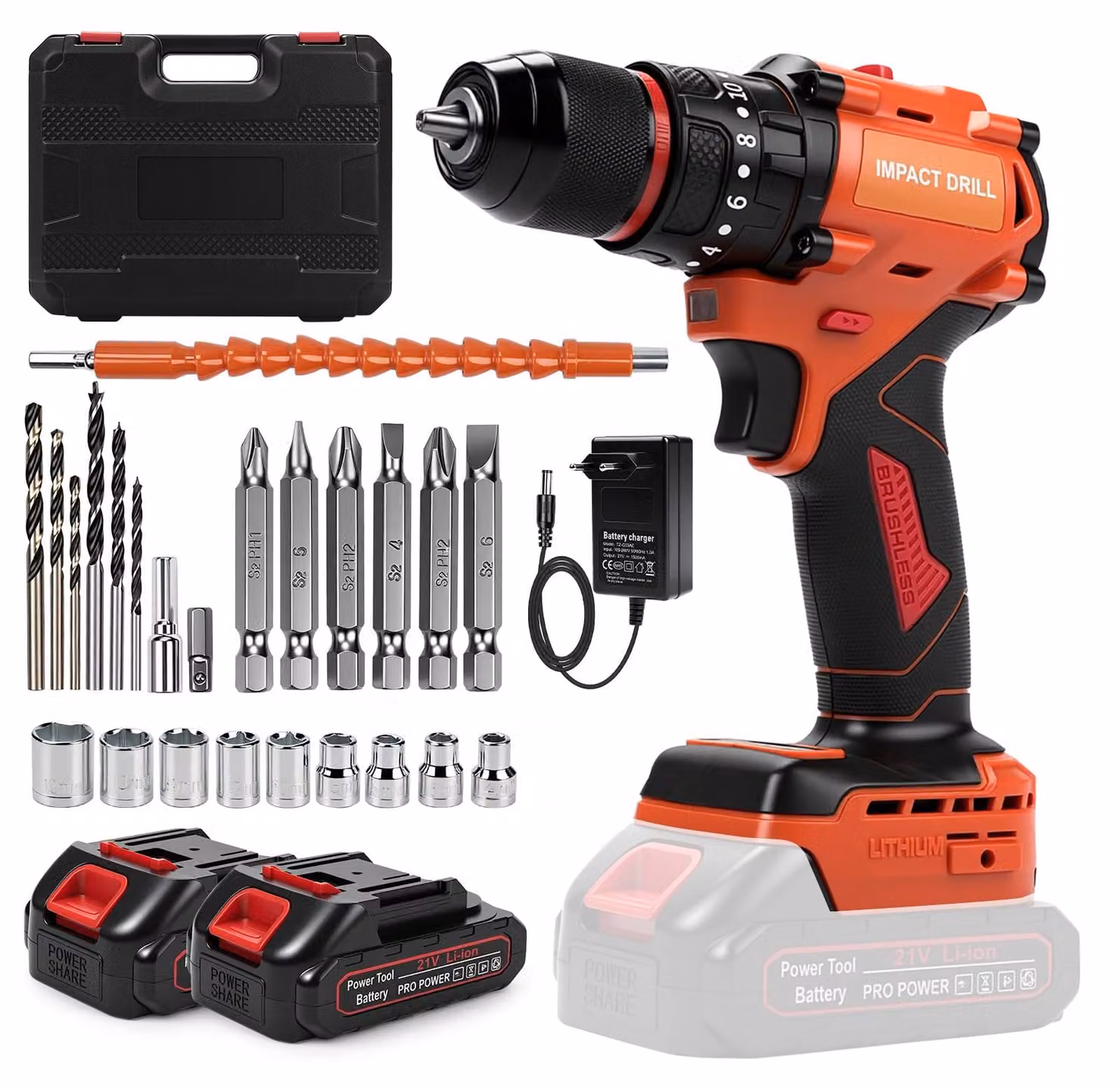 Trapano avvitatore a batteria, 21 V, brushless, 50 Nm, con 2 batterie da 1,5 Ah