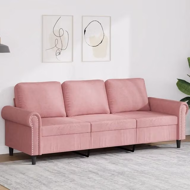 Divano a 3 posti moderno vidaXL in velluto rosa con struttura in metallo – 1