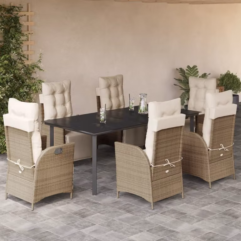 Set da Pranzo da Giardino vidaXL in Polyrattan con Cuscini Beige e Tavolo in Vetro, 7 Pezzi