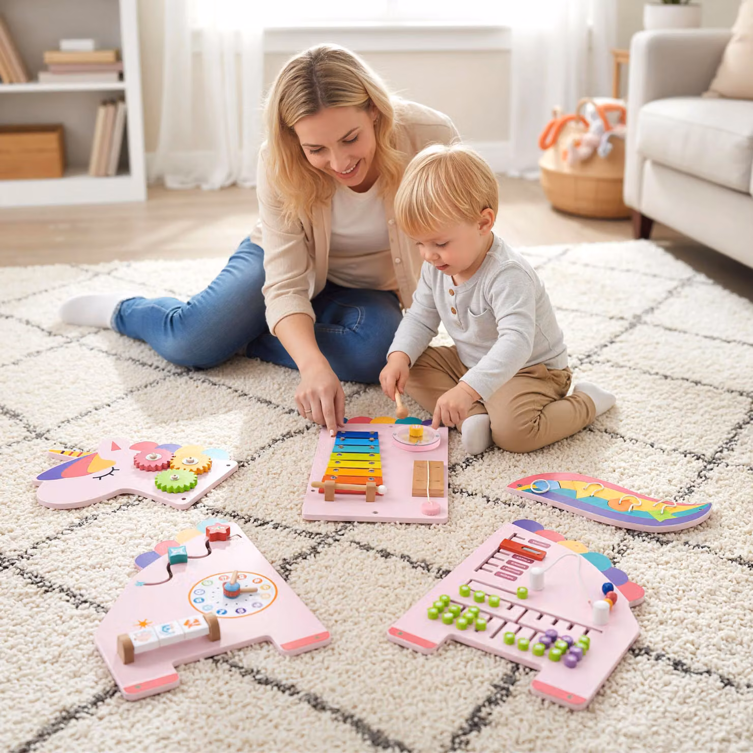 Costway Pannello Attività Montessori Unicorn 11 in 1 in Legno Multicolore, Tavola Sensoriale per lo Sviluppo Precoce da Parete per Sala Giochi e Asilo Nido