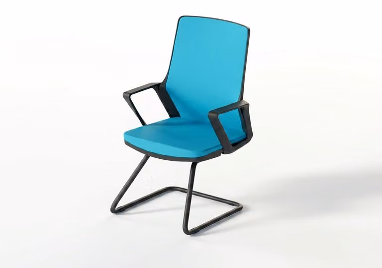 Sedia blu, struttura in metallo robusta, design moderno e minimalista, ideale per sale conferenze