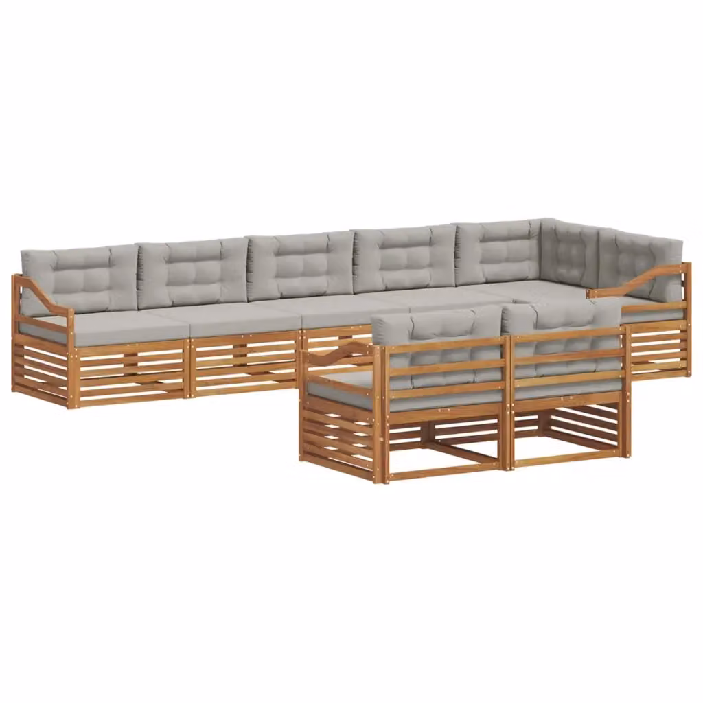 Set di divani da esterno a L vidaXL in legno di acacia con cuscini, 8 pezzi, Grigio e Marrone – 2