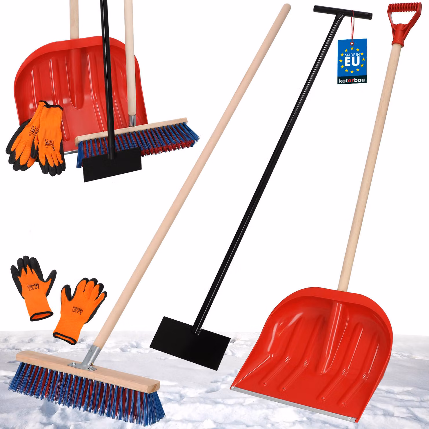 KOTARBAU® Set pala da neve con manico in legno 134,5 cm Scopa stradale con manico 43 cm Raschietto per ghiaccio 119 x 20 cm + guanti Pala da neve Pala da neve Pala da neve Manico in legno per sgombero neve