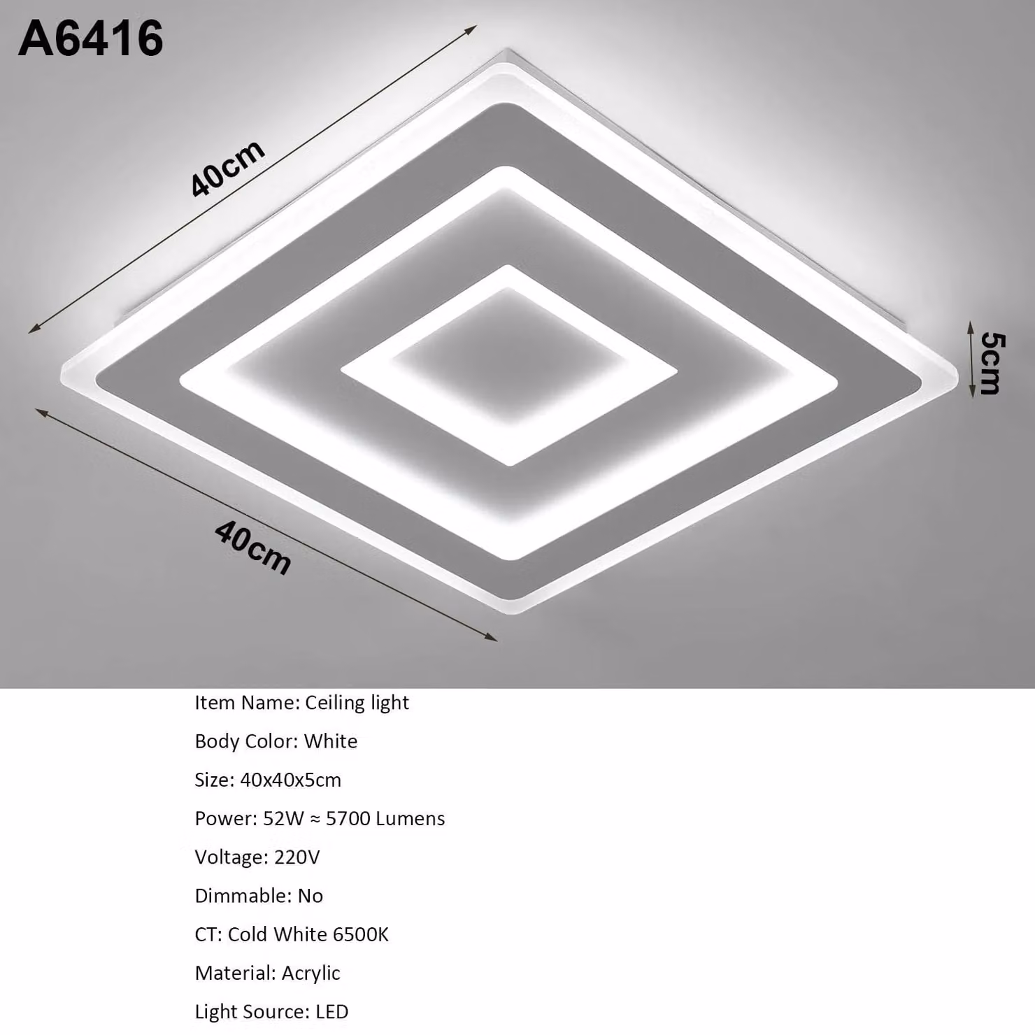 Pannello luminoso a LED - Modello A6416 - Quadrato - Realizzato in ferro e acrilico - Montaggio a parete - Non dimmerabile - 220 V - Colore A6416