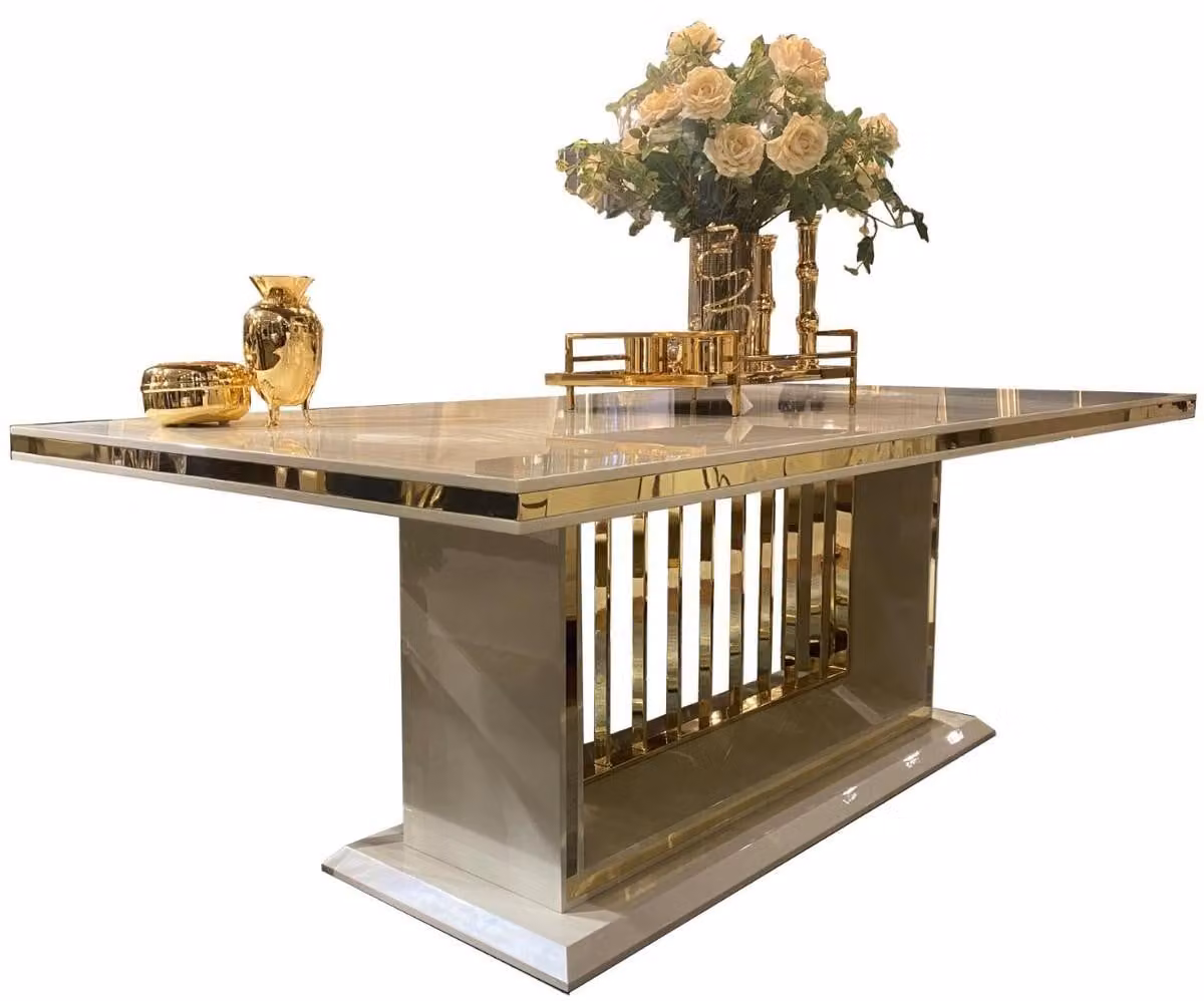 Casa Padrino tavolo da pranzo con piano in vetro crema/oro 220 x 110 x h. 78 cm - Tavolo da pranzo - Tavolo da cucina - Mobili da sala da pranzo
