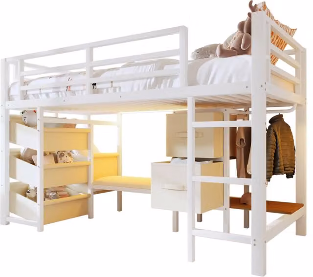 Letto semialto REDOM in metallo bianco con contenitori in tessuto e cuscino L/P/H: 204 x 90 x 95 cm