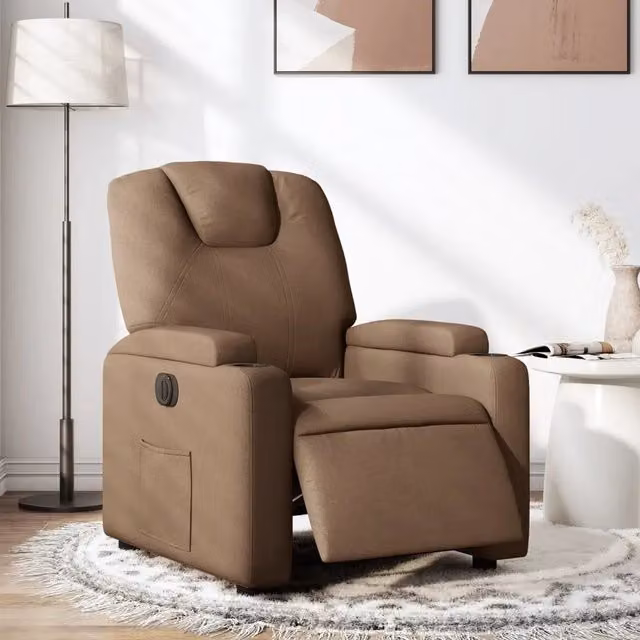 Poltrona Elettrica Reclinabile Relax in Tessuto Marrone con Braccioli e Struttura in Legno e Metallo – 1