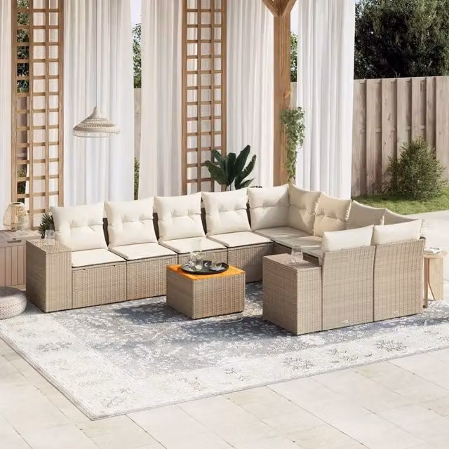Set Divano da Giardino a L vidaXL in Polyrattan con Cuscini Beige e Tavolino da Esterno 10 Pezzi – 1