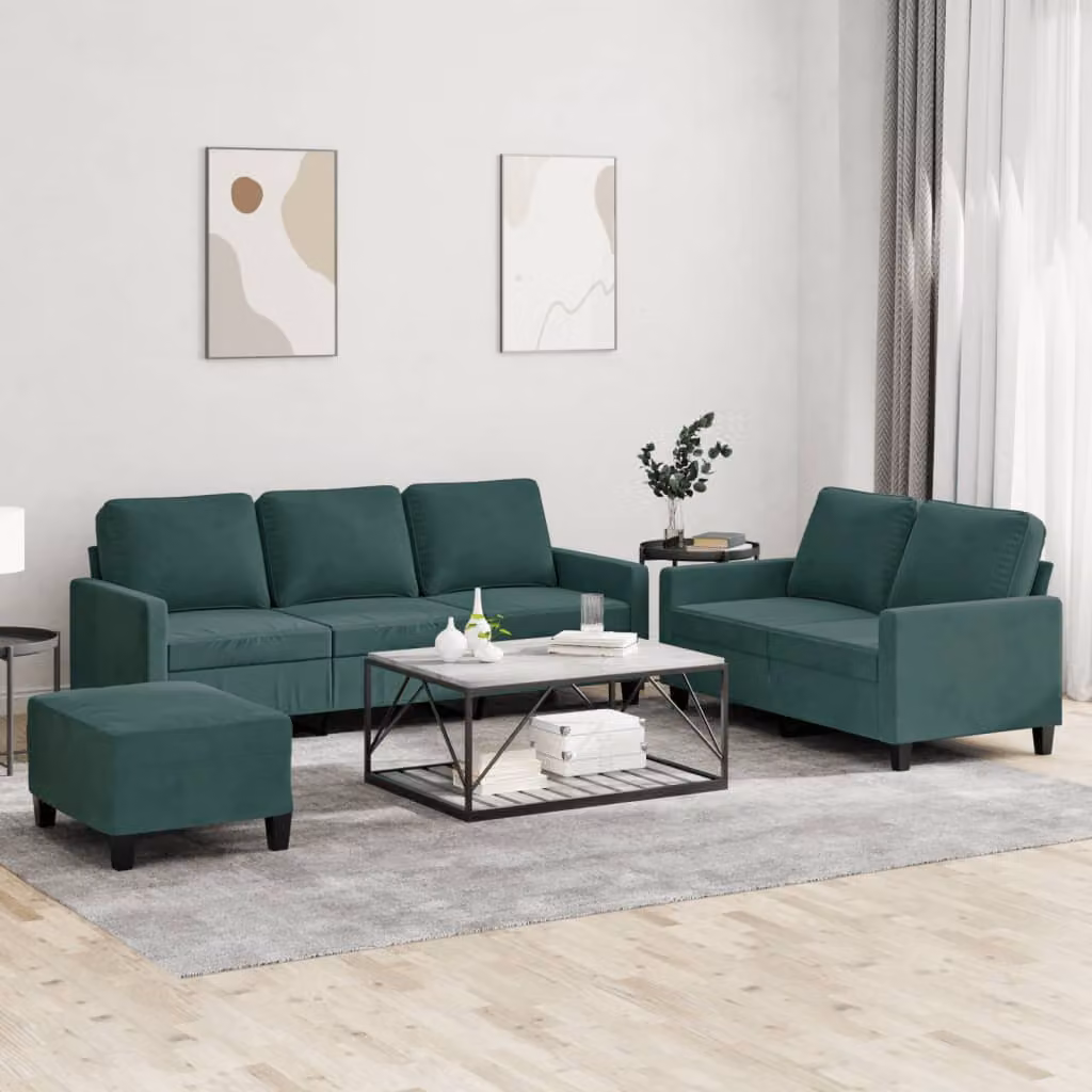Set di divani vidaXL in velluto verde con cuscini, composto da divano a 3 posti, divano a 2 posti e pouf per il tuo soggiorno moderno – 1