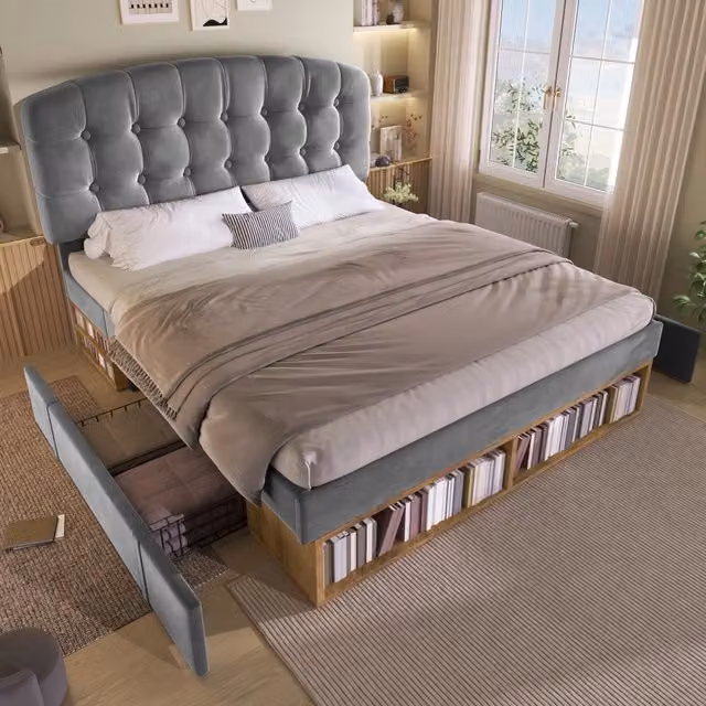 Letto per adulti 140x200 cm con cassetti e vani; testiera regolabile; velluto grigio; rete a doghe