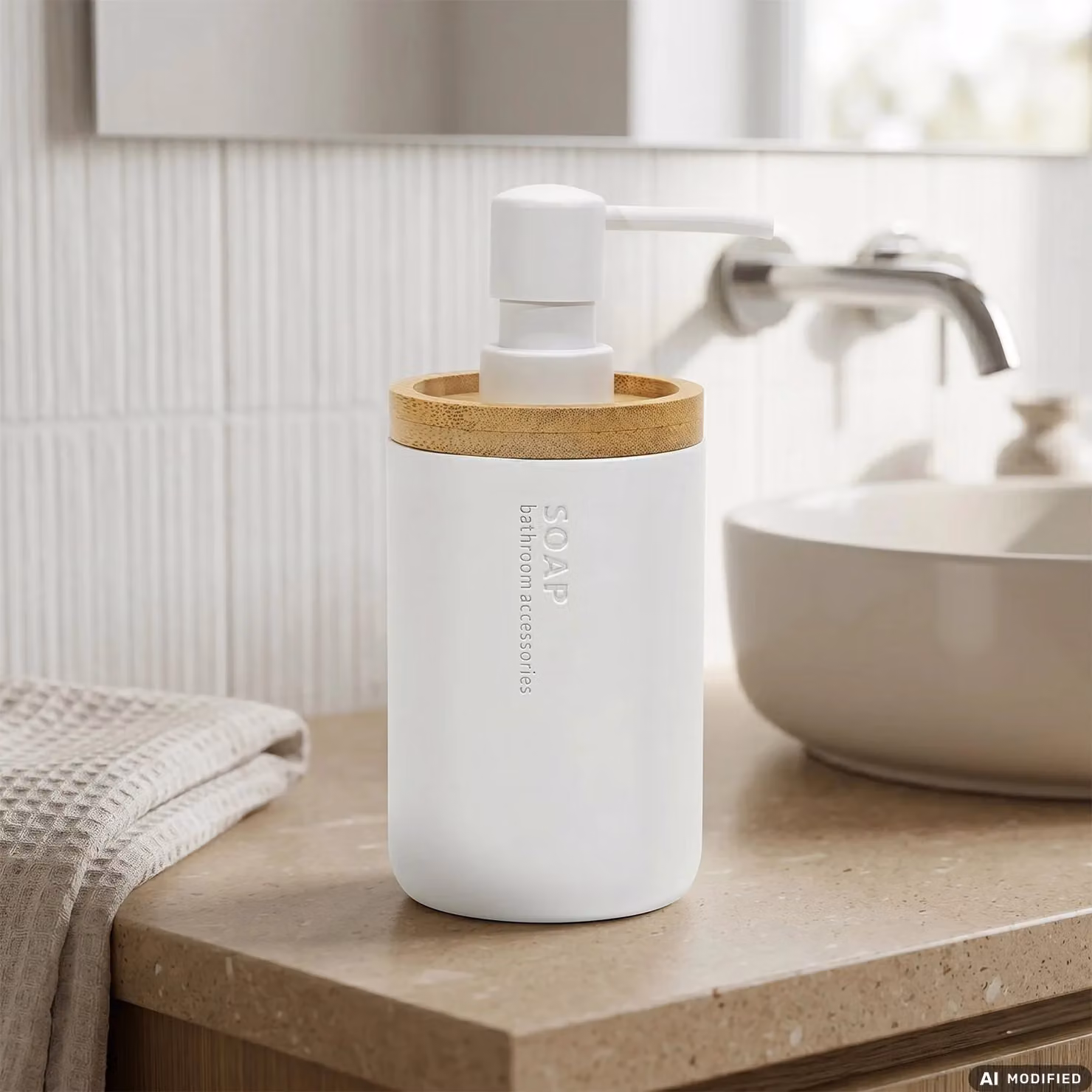 Dispenser per sapone Vestiamo Casa in poliresina e bamboo, colore bianco, capacità 280 ml, H 17 x L 7,5 x P 7,5 cm – 2