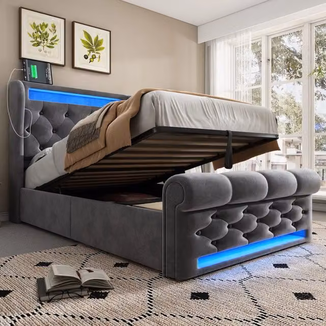 Letto Imbottito con Contenitore REDOM in Velluto Grigio con LED, USB-C e Materasso, L/P: 90 x 200 cm