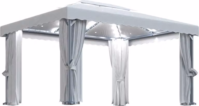 Gazebo con Tende e Stringa di Luci LED 4x3 m Bianco Crema
