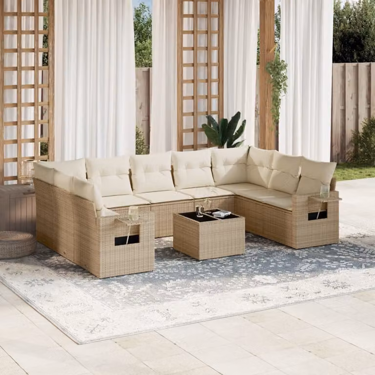 vidaXL Set Divano da Giardino 10 pz in Polyrattan con Cuscini Beige e Tavolino da Esterno