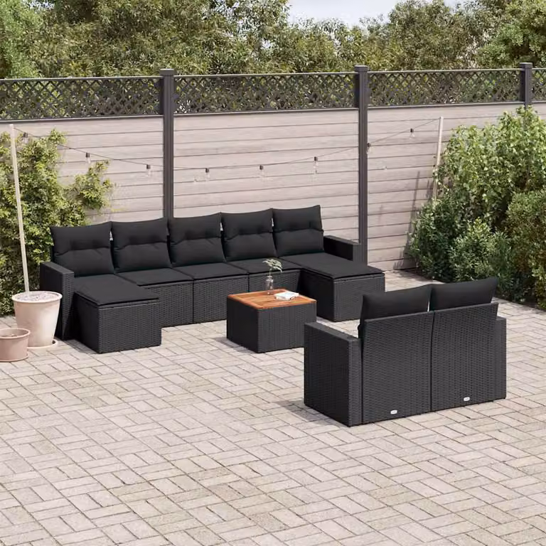 vidaXL Set Divani da Giardino a Forma a U in Polyrattan Nero con Cuscini e Tavolino da Esterno