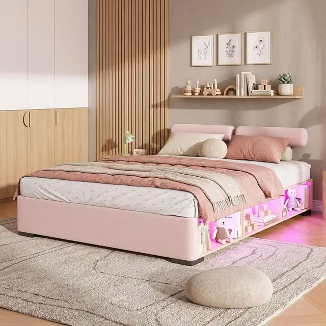 Letto per bambini 140 × 200 cm con scaffale laterale aperto e LED, testiere montabili su 3 lati, senza materasso, rosa