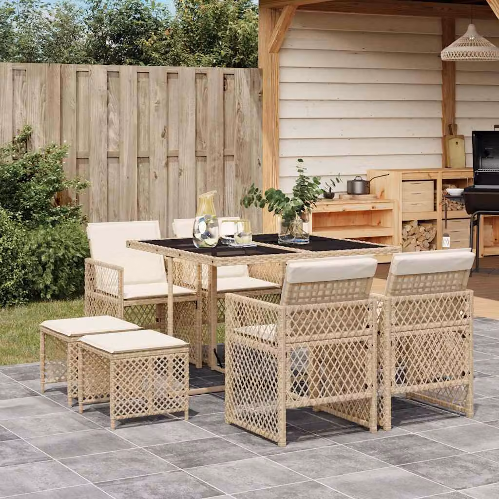 vidaXL Set da Pranzo da Giardino 9 pz in Polyrattan con Cuscini Beige e Piano in Vetro – 1