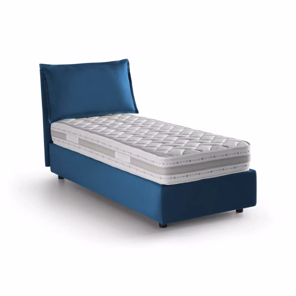 Letto singolo contenitore Arzon Talamo Italia con materasso incluso, rivestimento in tessuto blu, apertura frontale, 90x200 cm – 2