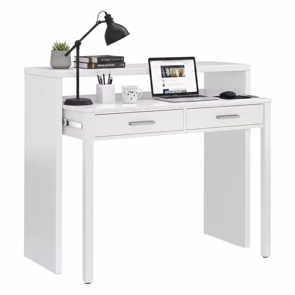 Scrivania con piano estensibile DMORA, Scrittoio porta PC moderno Bianco, L: 99 cm, P: 36 cm, H: 88 cm – 2