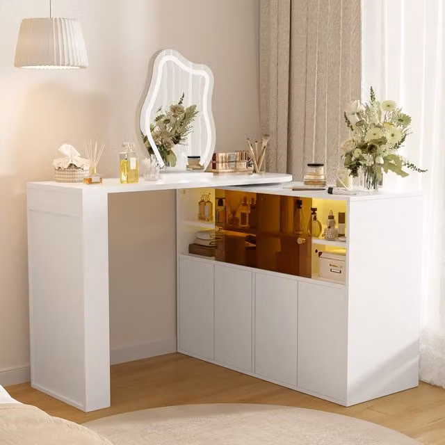Toeletta girevole Mivray Hollywood con specchio LED e ante scorrevoli in bianco lucido L/P/H: 177 x 40 x 131.5 cm