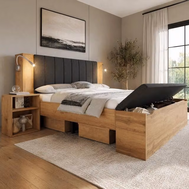 Letto matrimoniale 180x200 cm in legno con testiera reclinabile in lino, due comodini, panca contenitore e luci da lettura con USB, struttura in ferro, colore rovere, senza materasso