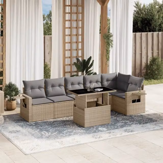 Set Divani da Giardino 7 pz con Cuscini Beige in Polyrattan 3267919