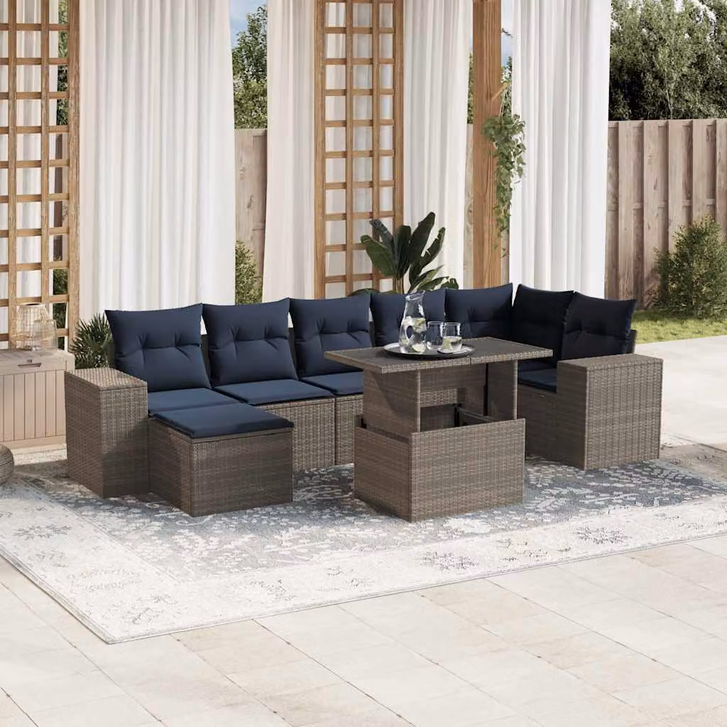 Set Divani da Giardino vidaXL 8 pz in Polyrattan Grigio con Cuscini e Tavolino da Esterno