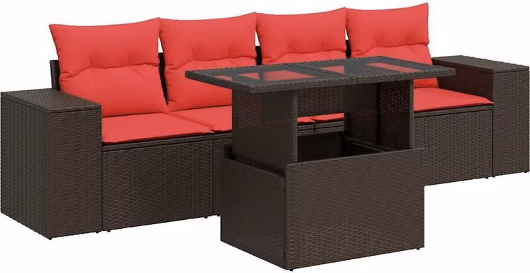 Set Divano da Giardino 5 pz Cuscini Marrone Polyrattan e Acacia
