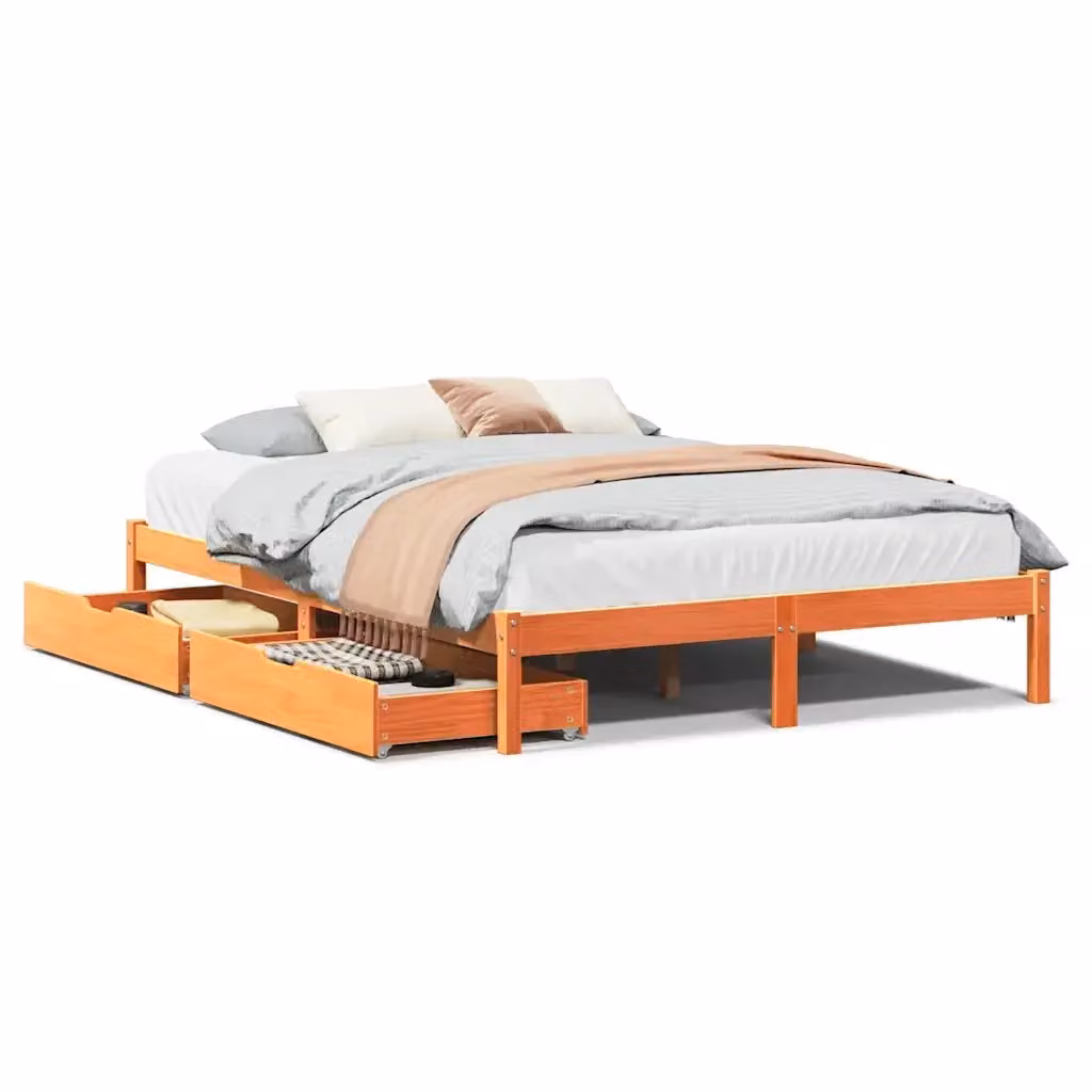Letto in legno di pino rustico vidaXL senza materasso, colore marrone cera, L 150 x P 200 cm – 2