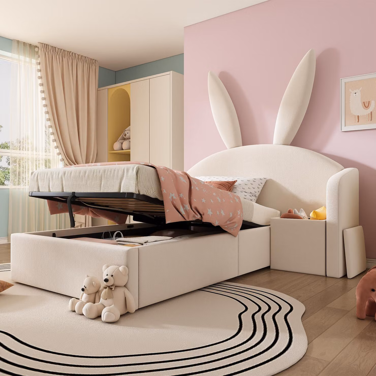 Letto imbottito Merax 90x190 cm con testiera a orecchie di coniglio, lettino per bambini con contenitore idraulico e comodino, letto in velluto per ragazzi con rete a doghe, beige