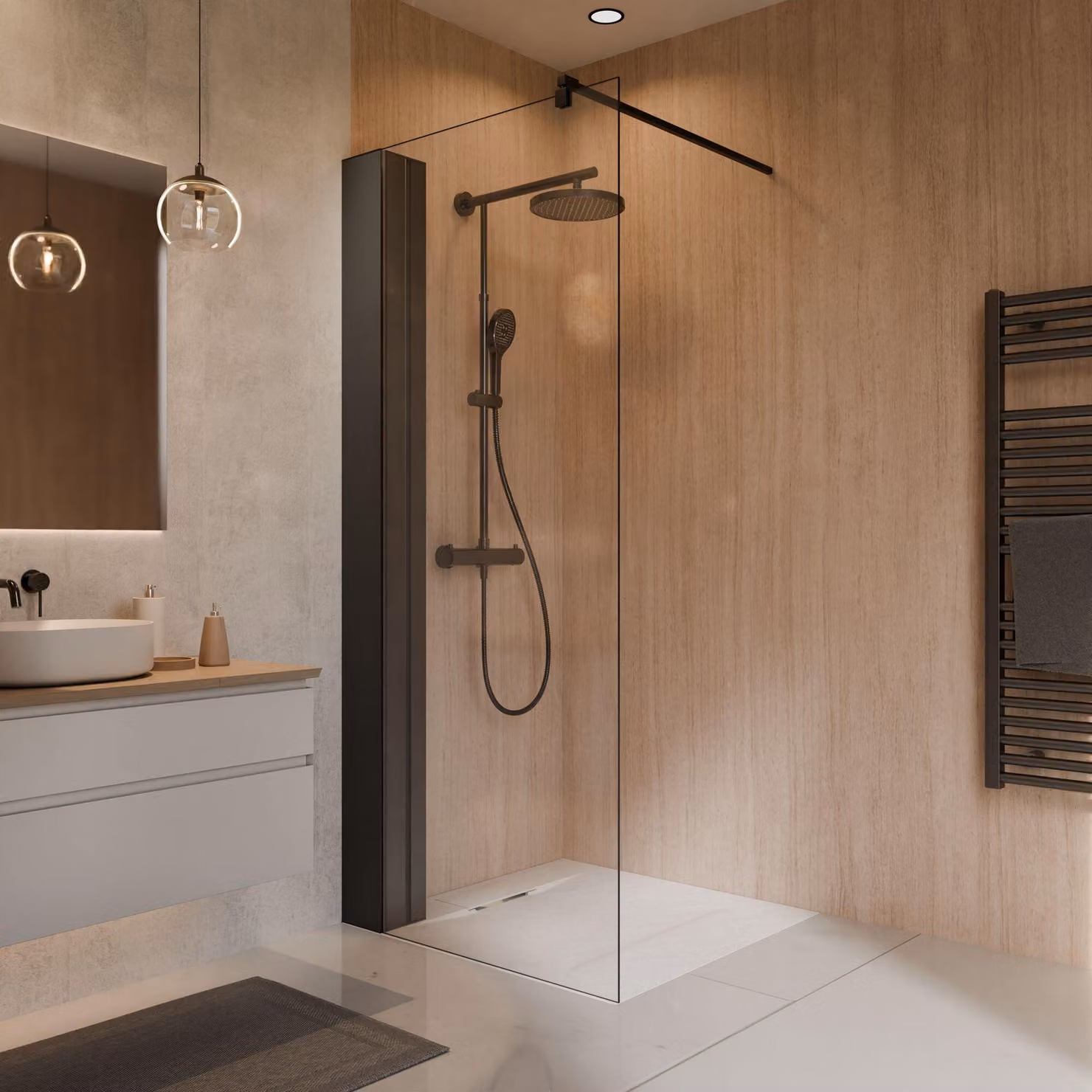 Schulte Parete doccia Toura Walk In con ripiano, 100 x 200 cm, vetro di sicurezza 8 mm, colore profilo nero opaco