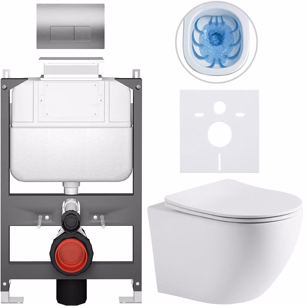 Set completo per WC sospeso "Cesso" - bianco opaco - pulsante Prime/Modulo, argento - comando superiore - installazione a muro/con pannello di cartongesso - 49x36 cm