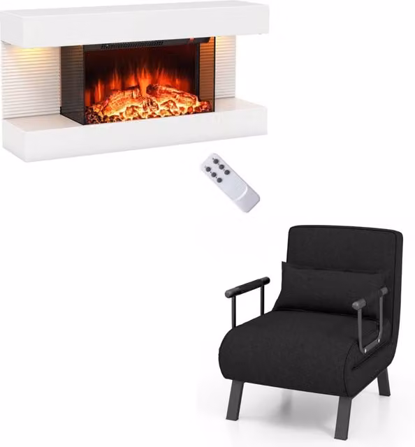 Camino elettrico stufa da 750W/1500W e divano letto trasformabile, Camino elettrico da parete a 3 lati e divano chaise lounge Nero