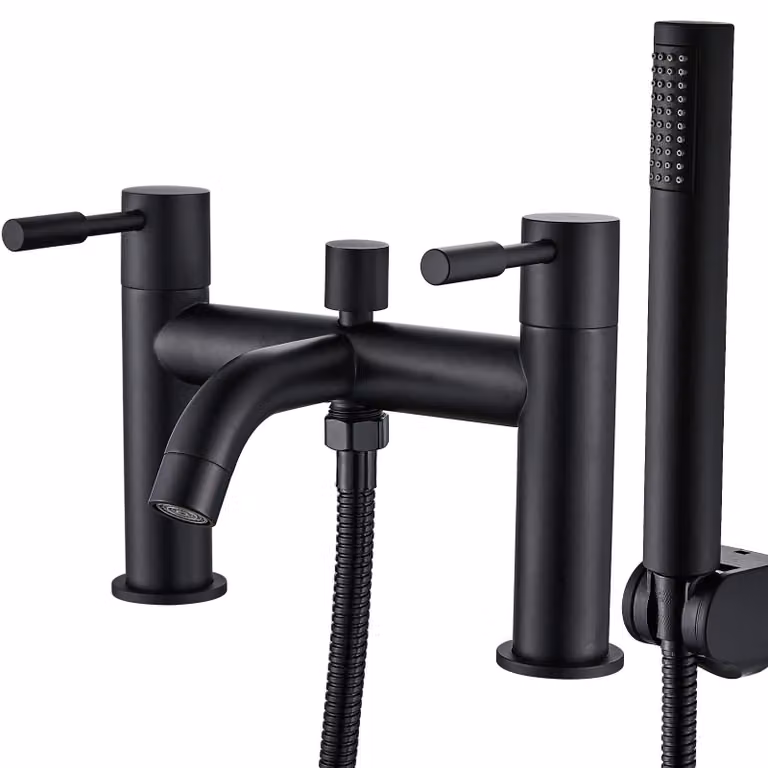 Miscelatore da bagno con doccetta manuale, nero, a due manopole, in ottone