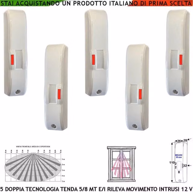 Sensore di movimento Securvera con doppia tecnologia infrarosso e microonda, 5 sensori, portata 5 metri, colore bianco, protezione IP44