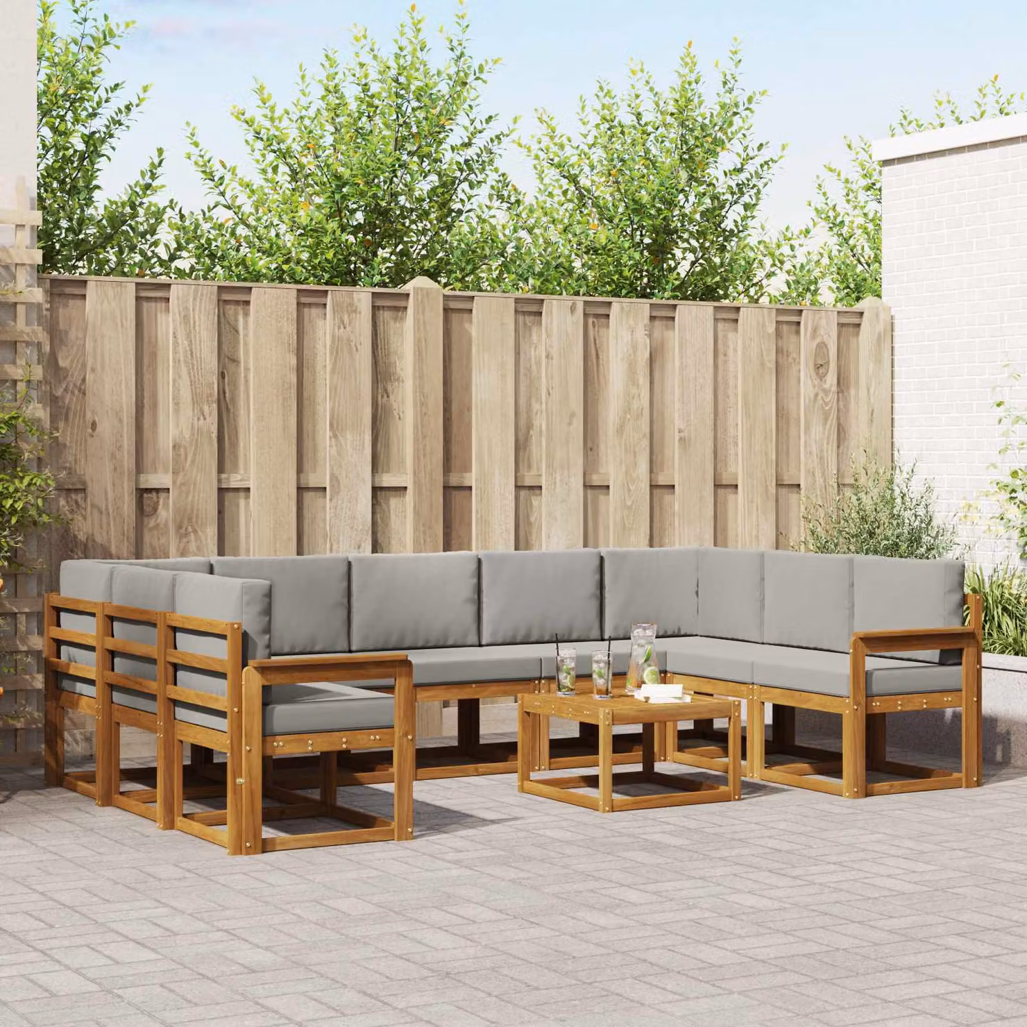 Set di divani da esterno vidaXL a forma di U in legno di acacia con cuscini, Grigio e Marrone