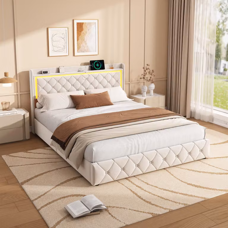 Letto con cassetti 140x190 cm in velluto beige, contenitore per testiera e letto a gas, luce LED, porta USB + Type-C, design moderno e confortevole