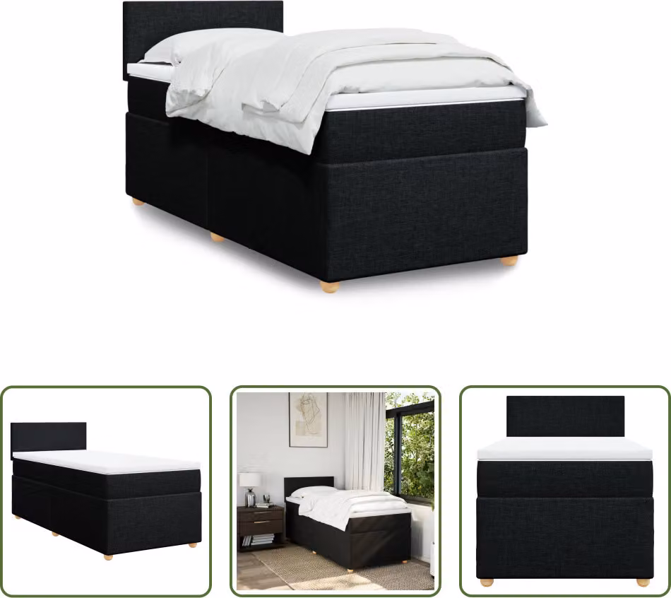 The Living Store Letto a molle con materasso nero 90x190 cm in tessuto