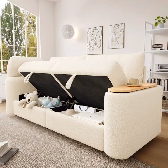 Divano modulare 2-3 posti con contenitore tavolino girevole a 270° e poggiatesta per salotto compatto in teddy beige