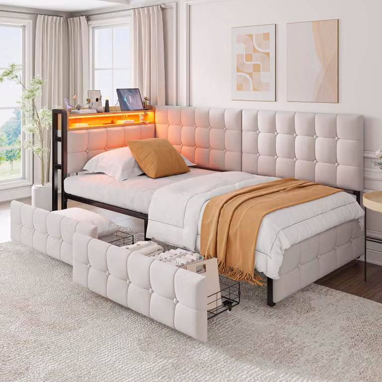 MODFU Letto imbottito a scomparsa 90x200, divano letto con funzione notte, letto per bambini con 2 cassetti e lampada da lettura a LED, porte USB e Type-C, color beige
