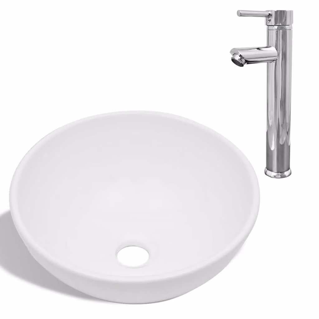 Lavello Bagno con Miscelatore in Vetroceramica Rotondo Bianco