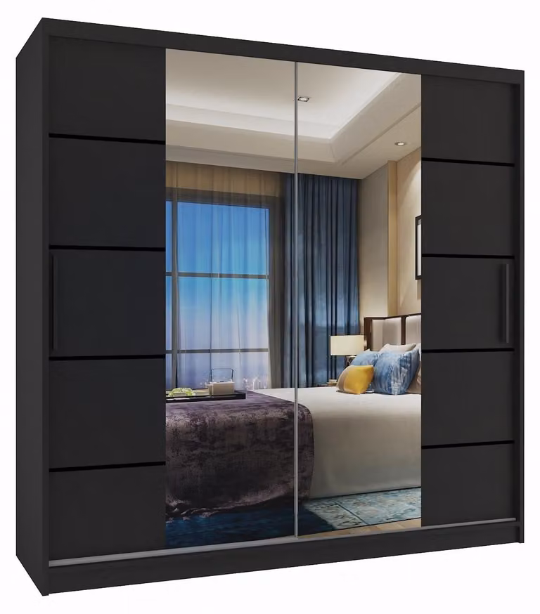 BELINI Verona, armadio scorrevole da 200 cm, nero opaco - armadio con specchio e 2 cassetti, ideale per la camera da letto