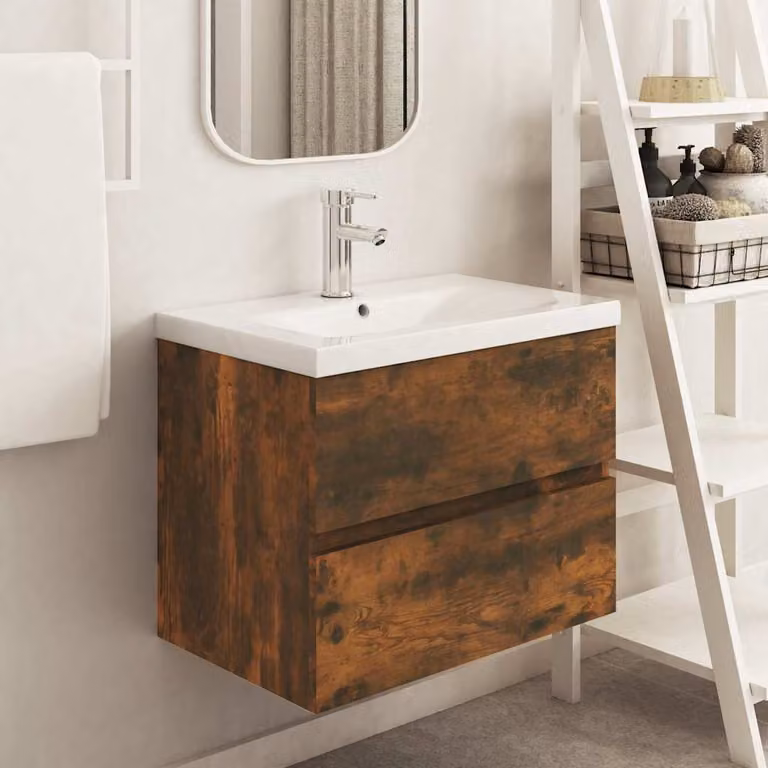 Mobile Lavabo vidaXL Moderno in Rovere Fumo con Cassetti e Ante, L: 60 cm, P: 38,5 cm, H: 45 cm
