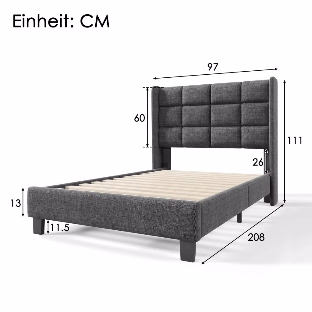 Letto imbottito moderno CIPACHO in tessuto grigio con struttura in metallo e doghe in legno L/P/H: 208 x 90 x 111 cm – 2