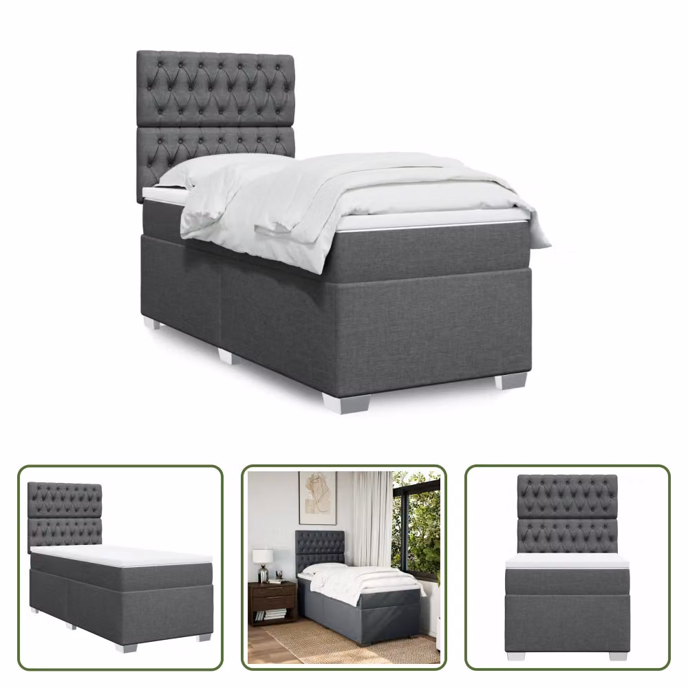 The Living Store Letto a molle con materasso grigio scuro 100x200 cm in tessuto